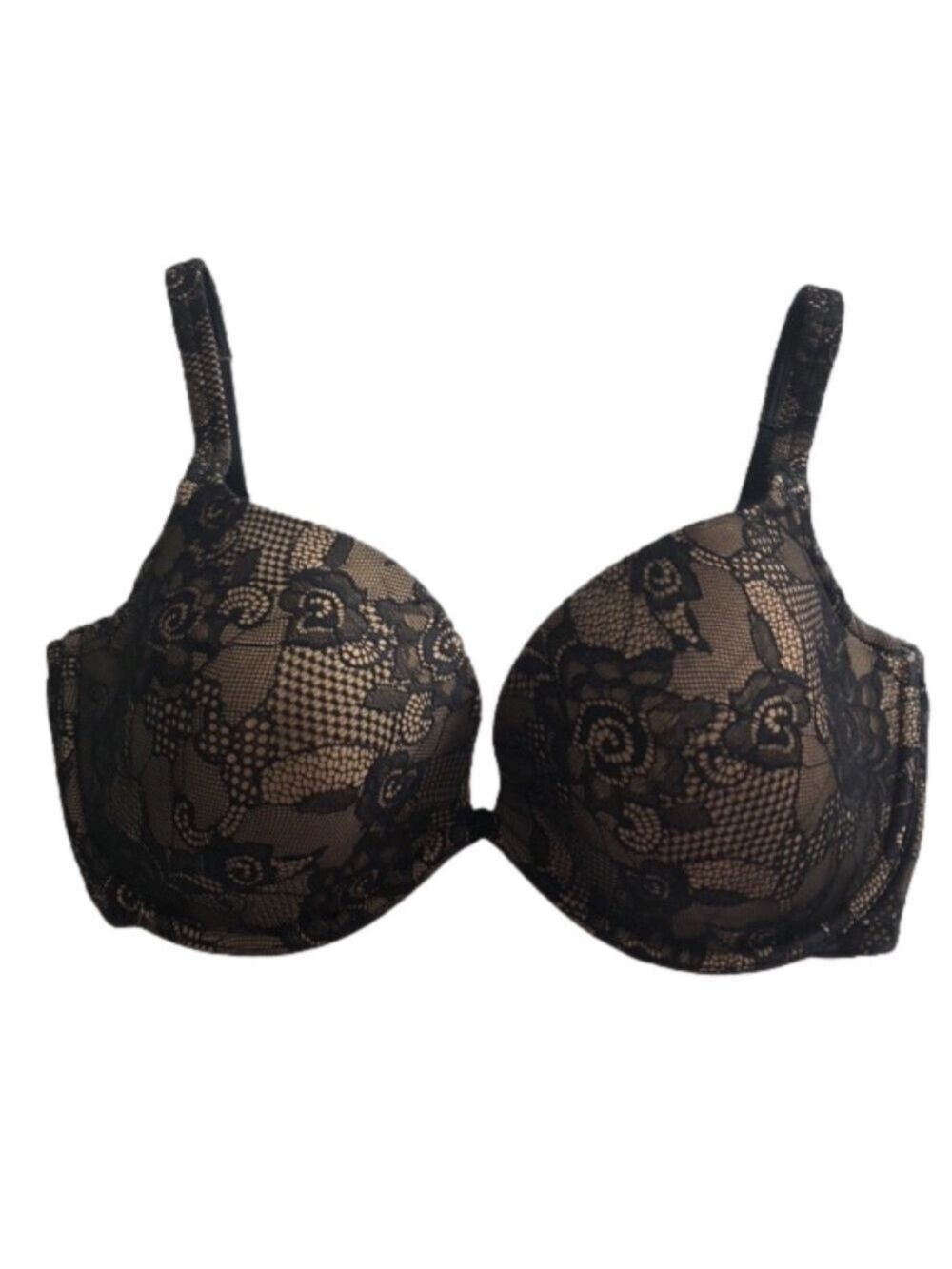 Lilyette Size 40DD underwire bra. Black lace over beige. Adjustable straps